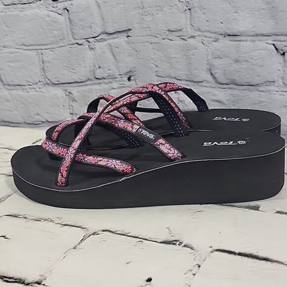 Teva Mandalyn Ola Wedge Sandals Black Pink US 10 Womens Platform Flip-Flops New - Picture 4 of 8